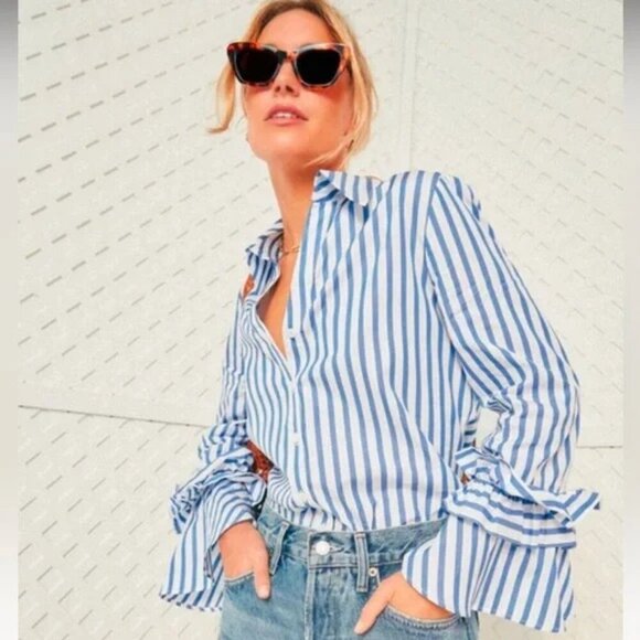 NWT Harshman Ruffle Sleeve Selina Button Down Blouse Indigo Stripes Plus Size 1X - Picture 3 of 7